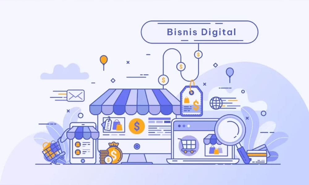 Ilustrasi tren bisnis digital yang mencakup pemasaran berbasis data, e-commerce, video marketing, personal branding, dan otomatisasi bisnis